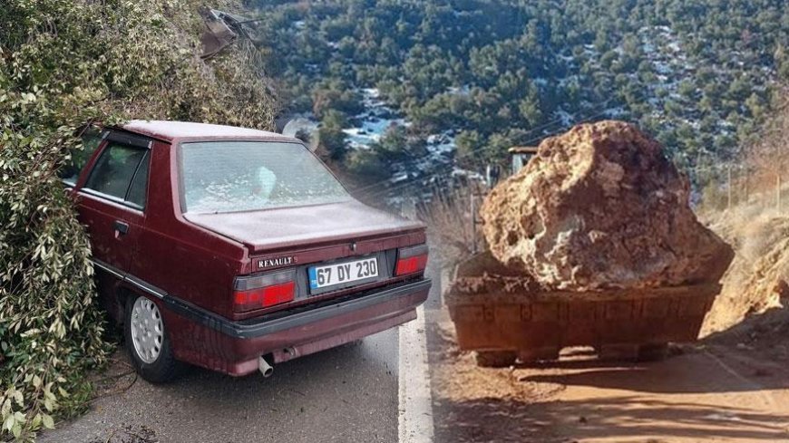 İki kentte heyelan dehşeti! Kaya parçası otomobilin üzerine düştü