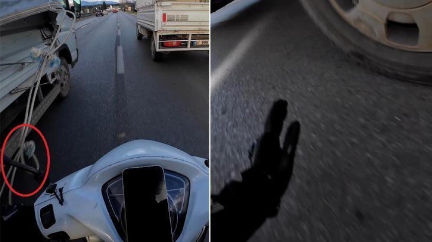 Seyir halinde, kamyonetten sarkan ipe dolanan motosikletli dehşeti yaşadı